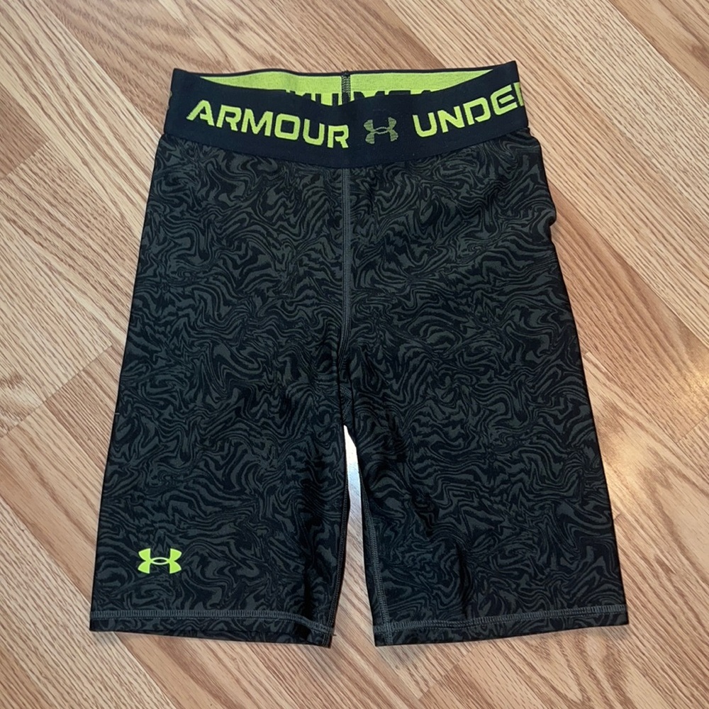Under Armour Black Marble Print Bike Shorts with Neon green